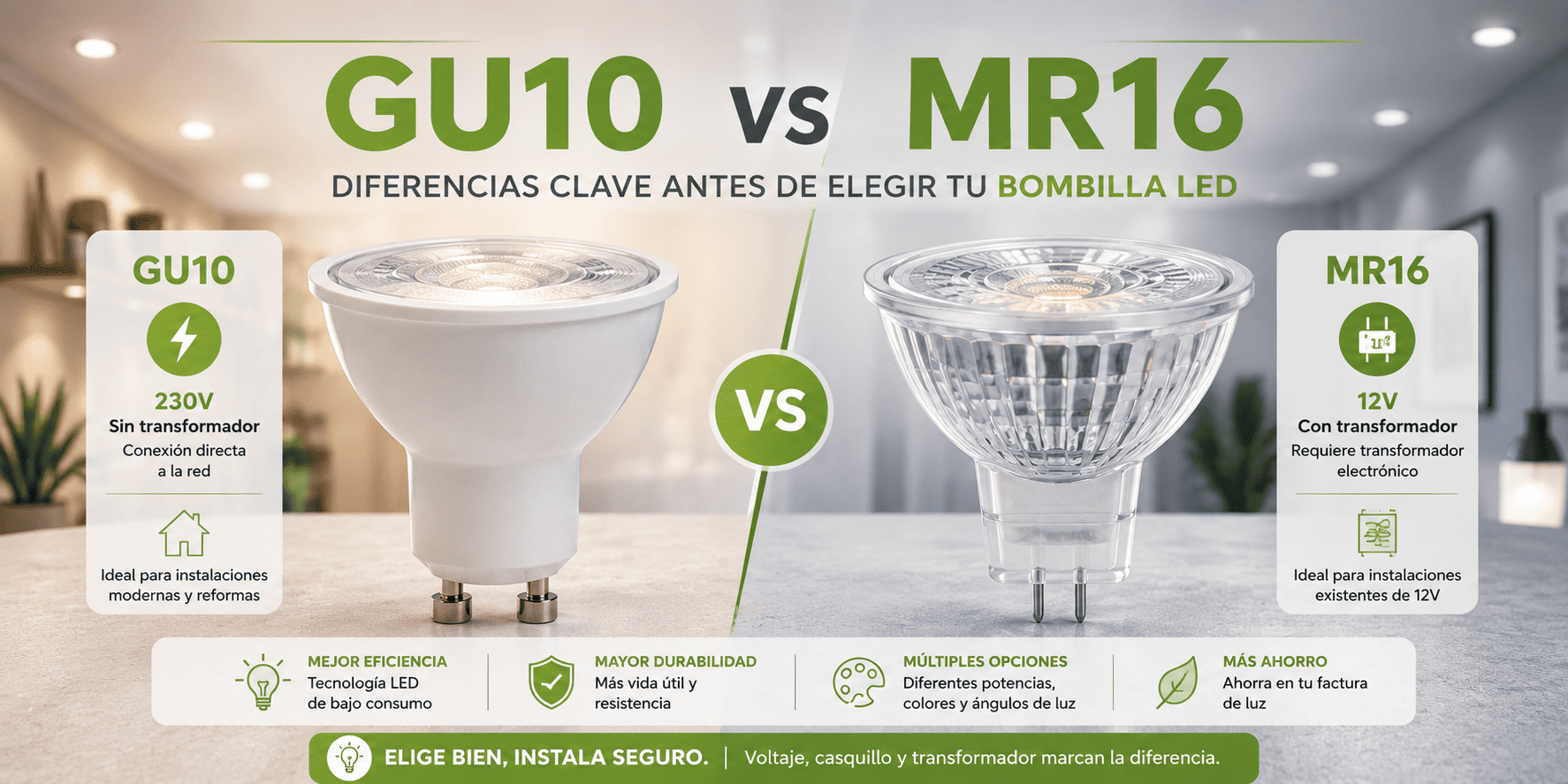 Bombilla LED GU10 vs MR16 diferencias de voltaje casquillo transformador y cuál elegir